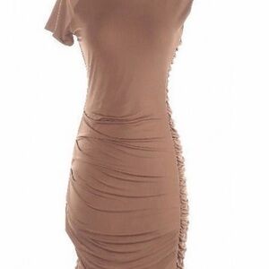 bebe One-Shoulder Ruched Bodycon Dress in Taupe